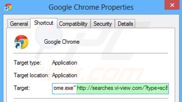 Verwijder searches.vi-view.com als doel van de Google Chrome snelkoppeling stap 2