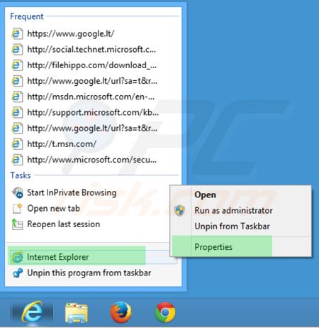 Verwijder searches.vi-view.com als doel van de internet Explorer snelkoppeling stap 1