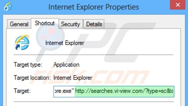 Verwijder searches.vi-view.com als doel van de Internet Explorer snelkoppeling stap 2