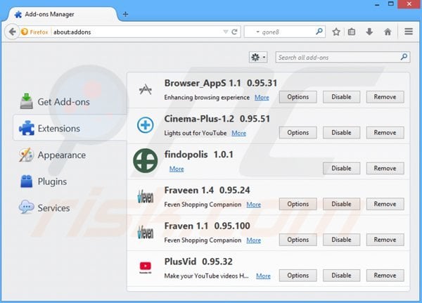 Verwijder aan searches.vi-view.com gerelateerde Mozilla Firefox extensies