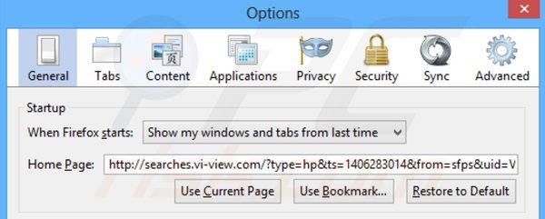 Verwijder searches.vi-view.com als startpagina in Mozilla Firefox