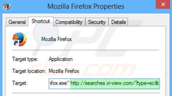 Verwijder searches.vi-view.com als doel van de Mozilla Firefox snelkoppeling 2