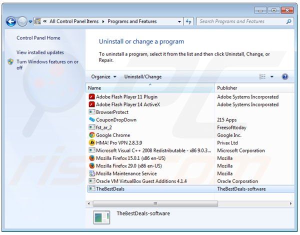 TheBestDeals adware verwijdering via het Controle Paneel