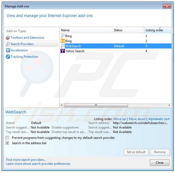 Verwijder websearch.wonderfulsearches.info als standaard zoekmachine in Internet Explorer default search engine