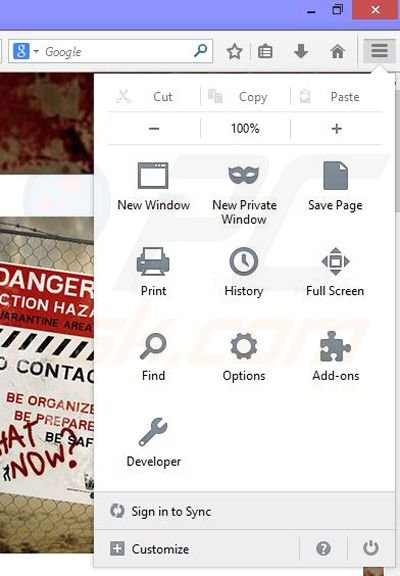 Verwijder de Zombie News advertenties uit Mozilla Firefox stap 1