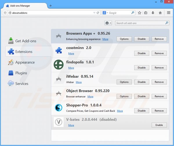 Verwijder de browsers apps + advertenties uit Mozilla Firefox stap 2
