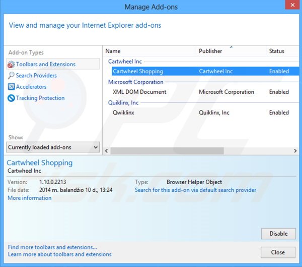 Verwijder de Cartwheel Shopping advertenties uit Internet Explorer stap 2