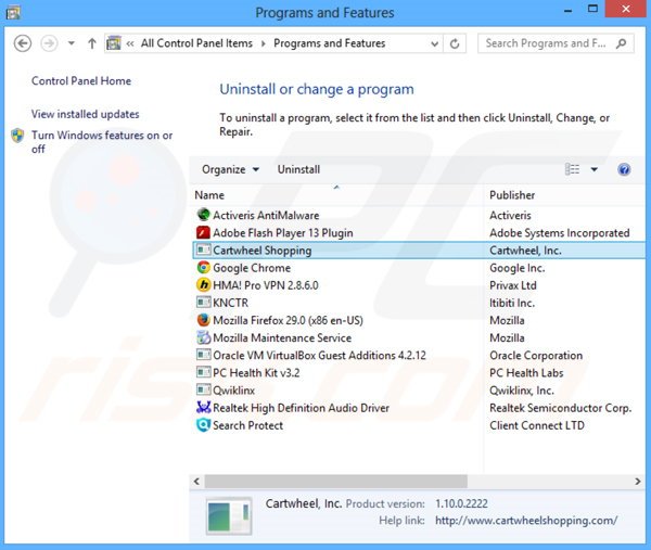 Cartwheel Shopping adware verwijdering via het Controle Paneel