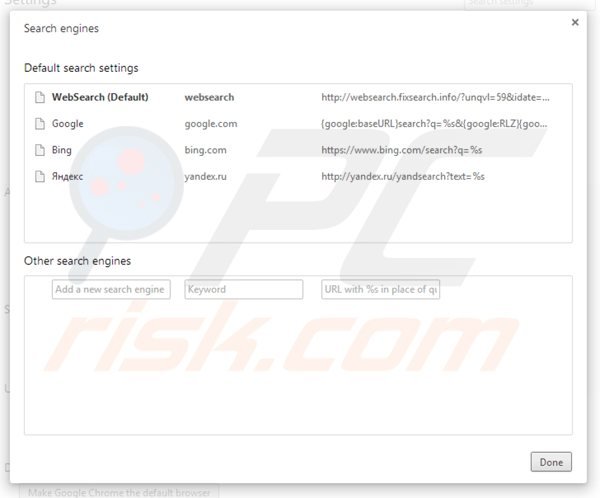 Verwijder websearch.fixsearch.info als standaard zoekmachine in Google Chrome 