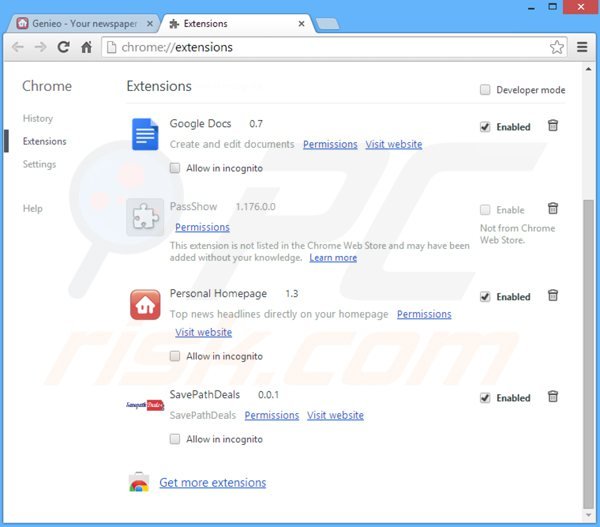 Verwijder aan search.genieo.com gerelateerde Google Chrome extensies