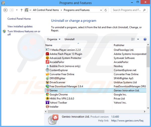 search.genieo.com browser hijacker verwijdering via het Controle Paneel