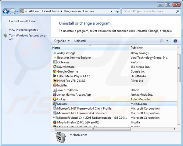 Melodx adware verwijdering via het Controle Paneel