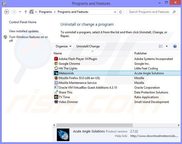 Meteoroids adware verwijdering via het Controle Paneel