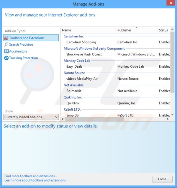 Verwijder de monkeytize ads genererende plugins uit Internet Explorer stap 2