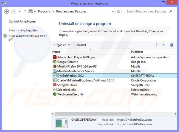 OneSoftPerDay adware verwijdering via het Controle Paneel