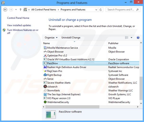 PassShow adware verwijdering via het Controle Paneel