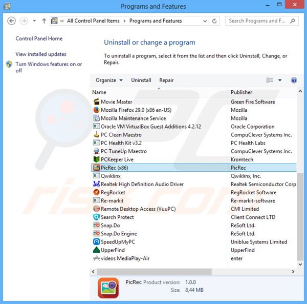 picrec adware verwijdering via het Controle Paneel