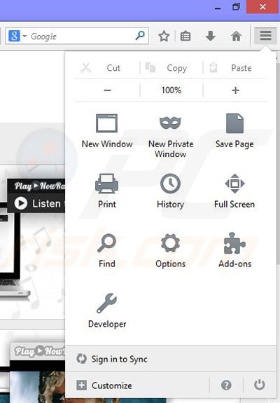 Verwijder de Play now Radio advertenties uit Mozilla Firefox stap 1