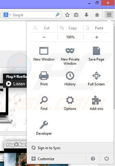 Verwijder de Play now Radio advertenties uit Mozilla Firefox stap 1