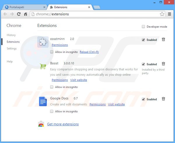 Verwijder aan portalsepeti.com gerelateerde Google Chrome extensies