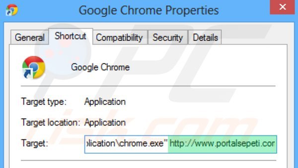 Verwijder portalsepeti.com als doel van de Google Chrome snelkopeling stap 2