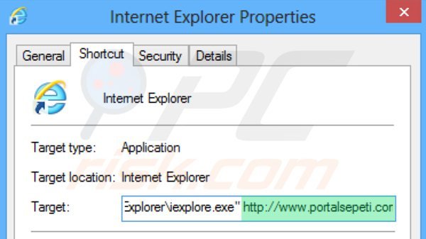 Verwijder portalsepeti.com als doel van de Internet Explorer snelkoppeling stap 2