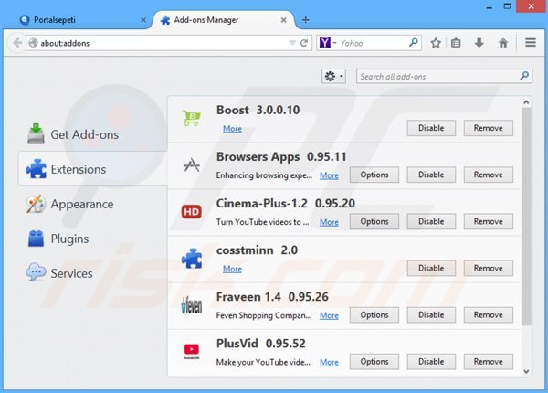 Verwijder aan portalsepeti.com gerelateerde Mozilla Firefox extensies