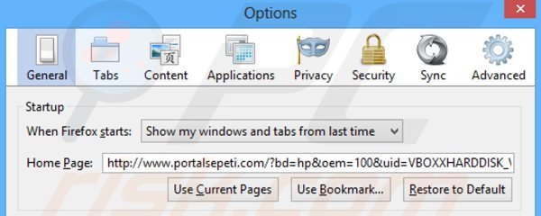 Verwijder portalsepeti.com als startpagina in Mozilla Firefox