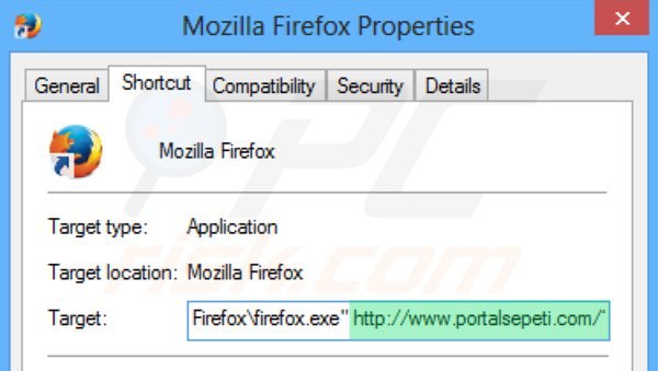Verwijder portalsepeti.com als doel van de Mozilla Firefox snelkoppeling stap 2