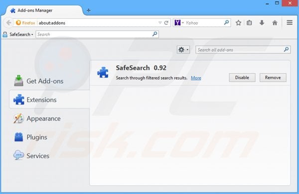 Verwijder aan safesear.ch gerelateerde Mozilla Firefox extensies