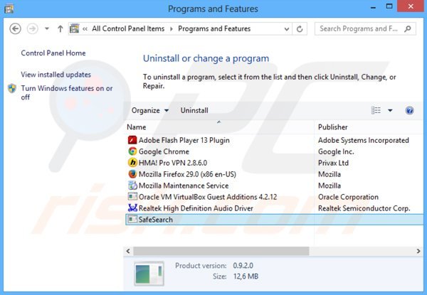 safesear.ch browser hijacker verwijdering via het Controle Paneel