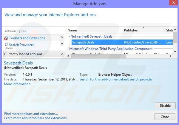 Verwijder de Savepath Deals advertenties uit Internet Explorer stap 2