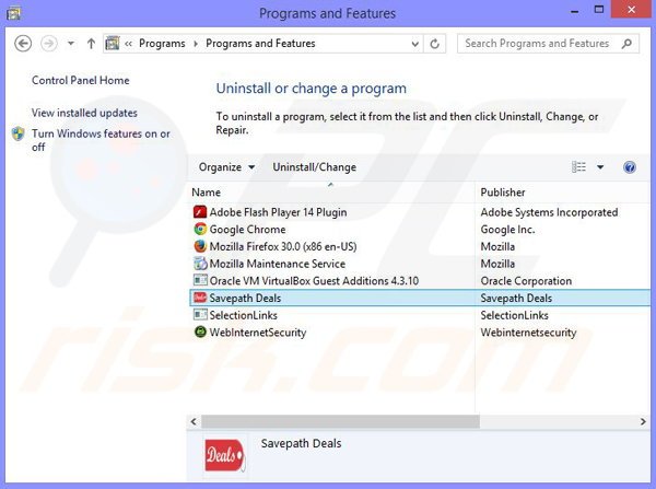 Savepath Deals adware verwijdering via het Controle Paneel
