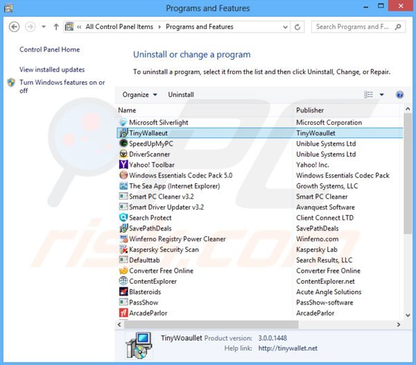 tinywallet adware verwijdering via het Controle Paneel