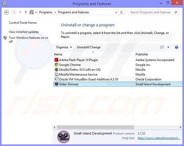 Video Dimmer adware verwijdering via het Controle Paneel