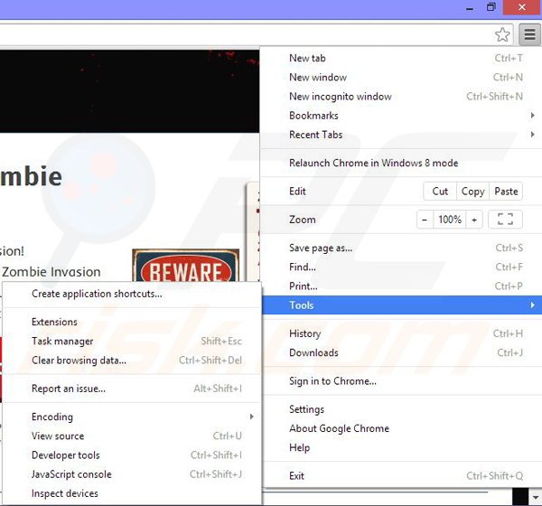 Verwijder de Zombie Invasion advertenties uit Google Chrome stap 1