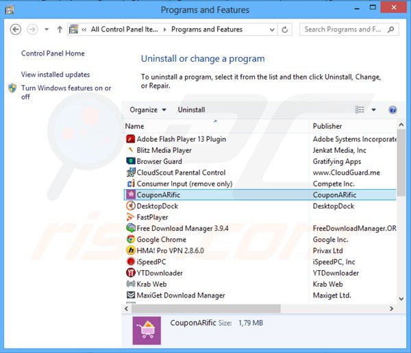 couponarific adware verwijdering via het Controle Paneel