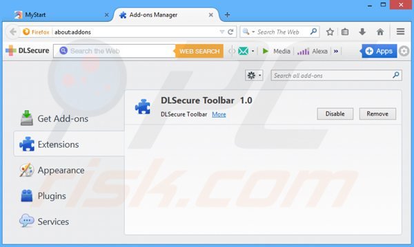 Verwijder de dlsecure werkbalk uit de Mozilla Firefox extensies