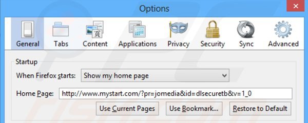 Verwijder de dlsecure doorverwijzing als startpagina in Mozilla Firefox