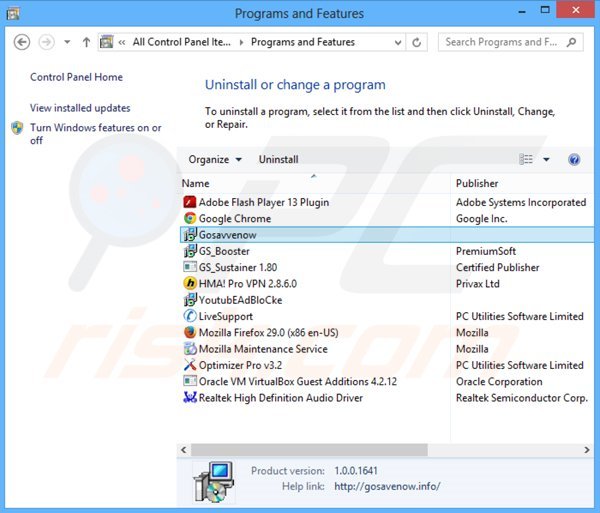 GoSavenow adware verwijdering via het Controle Paneel