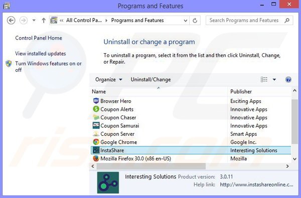 Insta Share adware verwijdering via het Controle Paneel
