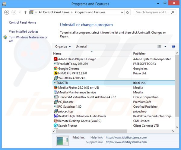KNCTR adware verwijdering via het Controle Paneel