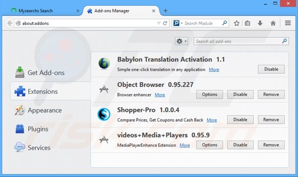 Verwijder de mysearchs werkbalk uit de Mozilla Firefox extensies