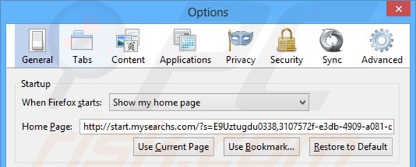 Verwijder start.mysearchs.com als startpagina in Mozilla Firefox