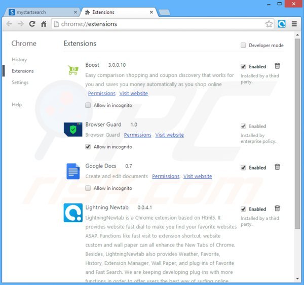 Verwijder aan mystartsearch.com gerelateerde Google Chrome extensies