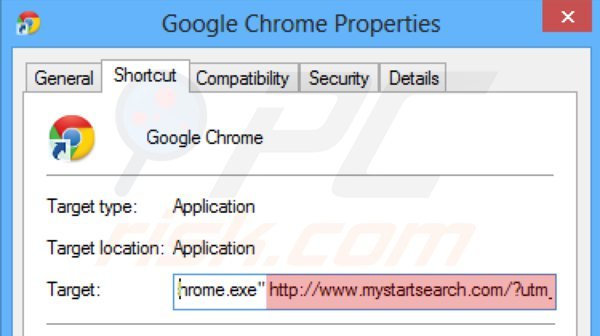 Verwijder mystartsearch.com als doel van de snelkoppeling in Google Chrome shortcut stap 2