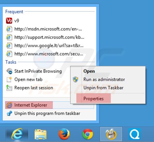 Verwijder mystartsearch.com als doel van de  Internet Explorer snelkoppeling stap 1
