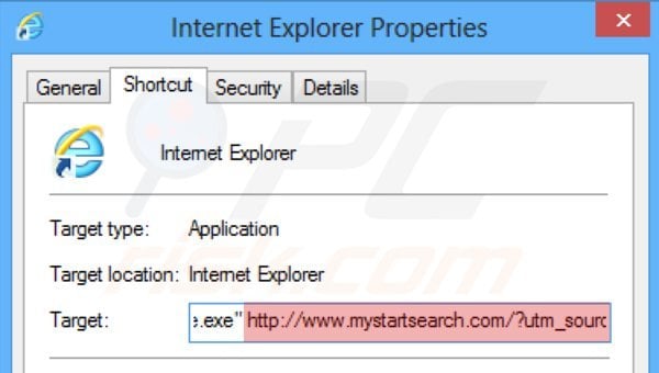 Verwijder mystartsearch.com als doel van de Internet Explorer snelkoppeling stap 2