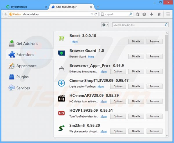 Verwijder aan mystartsearch.com gerelateerde Mozilla Firefox extensies
