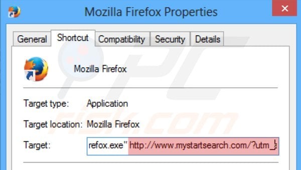 Verwijder mystartsearch.com als doel van de Mozilla Firefox snelkoppeling stap 2